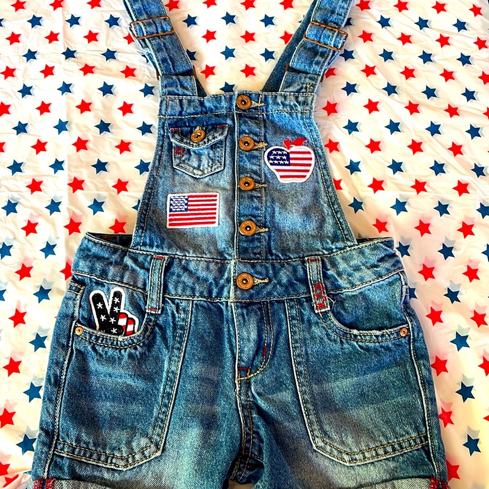 L.E.I. Denim overalls with patriotic patches